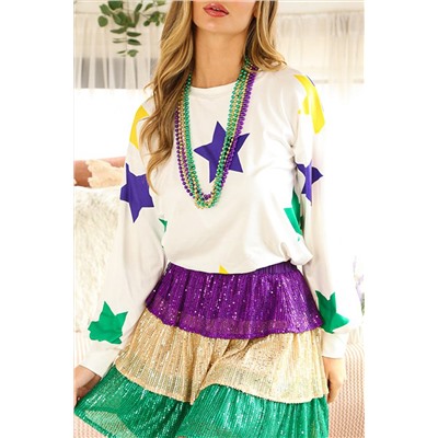 White Mardi Gras Star Printed Long Sleeve Top