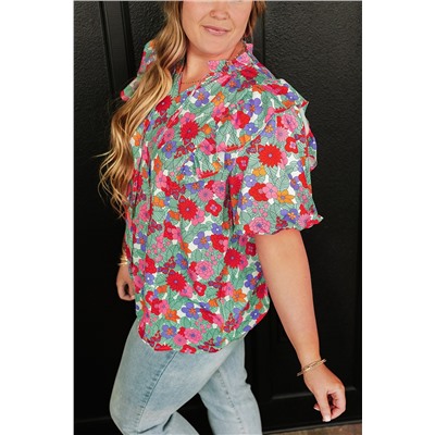 Multicolour Plus Size Floral Print Ruffle V Neck Bubble Sleeve Blouse