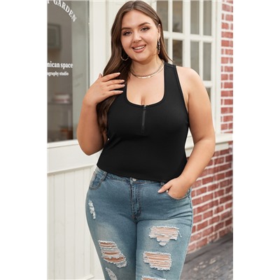 Black Plus Size Zipper Front Racerback Ribbed Tank Top