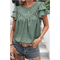 Laurel Green Dotted Ruffle Sleeve Crew Neck Ruched Blouse