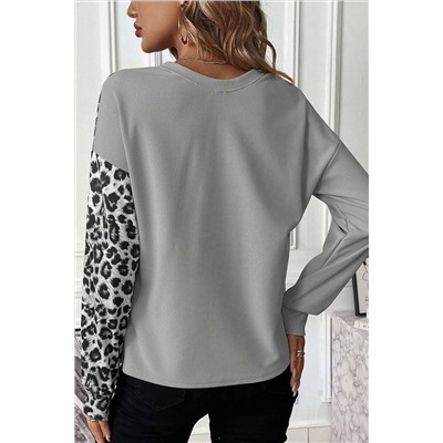 Light Grey Leopard Colorblock Waffle Knit Top