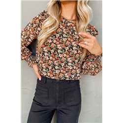 Orange Ruffle Trim Shirred Cuffs Floral Blouse