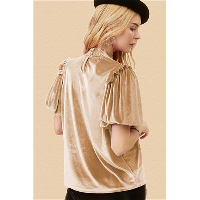 Light French Beige Frilly Puff Sleeve Mock Neck Blouse