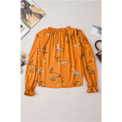 Orange Cheetah Printed Ruffled Sleeve Blouse