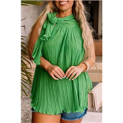 Green Asymmetrical Neck Knotted Plus Size Pleated Tank Top