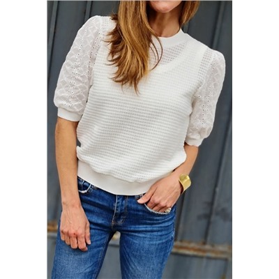 White Broderie Anglaise Puff Sleeve Waffle Knit Tee