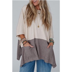 Pale Khaki Color Block Ribbed Knit Split Side Poncho