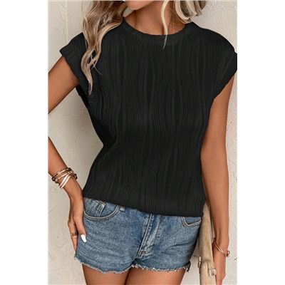 Black Wavy Texture Cap Sleeve Top