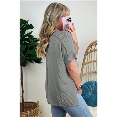 Medium Grey Textured Knit Exposed Stitching T-shirt