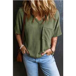 Jungle Green Corded V Neck Chest Pocket Loose T-shirt