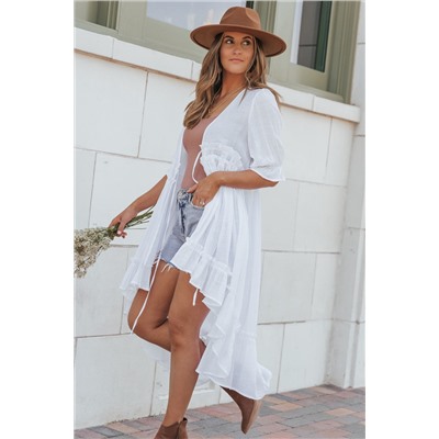 White Half Sleeve Ruffled High Low Kimono