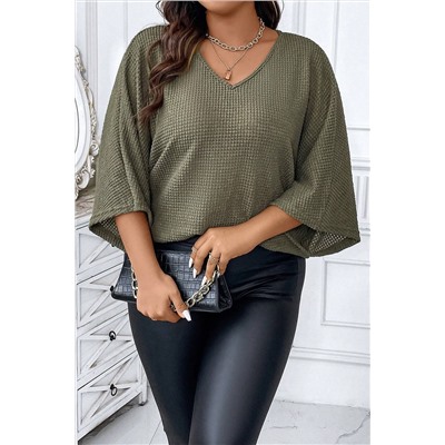 Jungle Green Plus Size V Neck Textured Knit Dolman Top