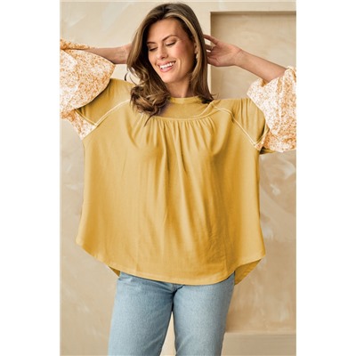 Beige Floral Colorblock Balloon Sleeve Exposed Seam Top