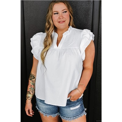 White Textured Ruffled Flutter Sleeve Plus Size Blouse