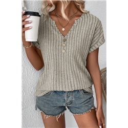 Parchment Wide Ribbed Notched V Neck Button Decor T shirt