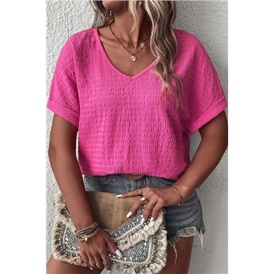 Bright Pink Plus Size Textured Folded Sleeve V Neck T Shirt