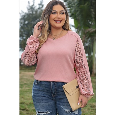 Apricot Pink Plus Size Contrast Lace Sleeve Textured Knit Top