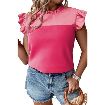 Strawberry Pink Textured 2-Tone Patchwork Frill Neck Ruffled Trim Plus Blouse