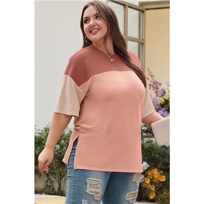 Rose Pink Plus Size Ribbed Colorblock T-shirt