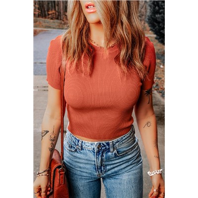 Tomato Red Ribbed Knit Crewneck Crop Sheath Sweater T Shirt