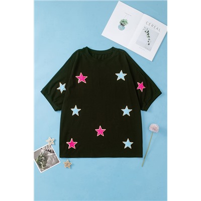 Black Sequin Chenille Star Pattern Plus Size Tee