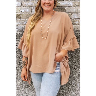 Smoke Gray Plus Size Ruffled Batwing Sleeve V Neck Blouse