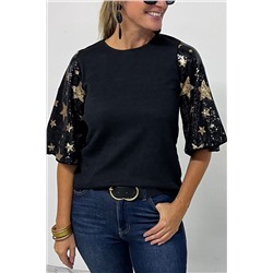 Black Star Sequin Splicing Half Sleeve Top