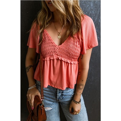 Tomato Red Shirred V Neck Short Flutter Sleeve Textured Blouse