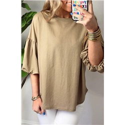 Light French Beige Solid Color Lantern Sleeve Drop Shoulder Blouse