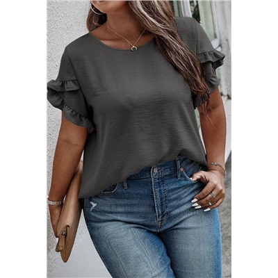 Dark Grey Ruffled Short Sleeve Plus Size Top