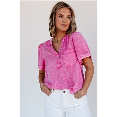 Bright Pink Mineral Wash Split Neck Pocket Patched Denim Top