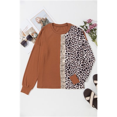 Gold Flame Leopard Print Sequin Colorblock Long Sleeve Top