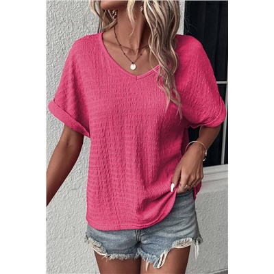 Bright Pink Textured Rolled Sleeve V Neck Tee