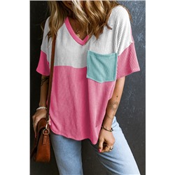 Rose Red Color Block Patch Pocket Corded V Neck Tee