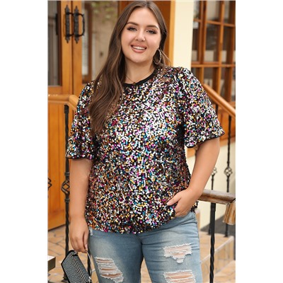 Silvery Vibrant Sequin Plus Size Short Sleeve Top