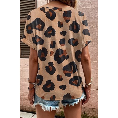 Light French Beige Leopard Folded Short Sleeve Buttoned V Neck T Shirt