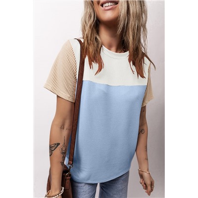 Light Blue Rib Textured Colorblock T Shirt