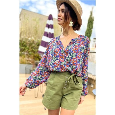 Multicolor Floral Balloon Sleeve Loose Blouse