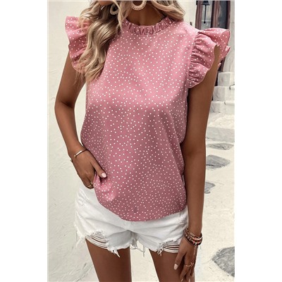 Pink Polka Dots Ruffle Flutter Sleeve Frilled Neck Blouse