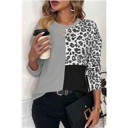 Light Grey Leopard Colorblock Waffle Knit Top