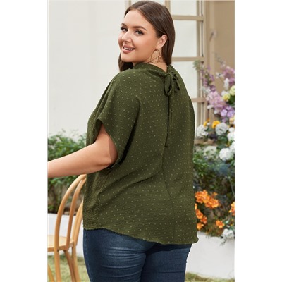 Moss Green Plus Size Swiss Dot Mock Neck Tied Nape Top