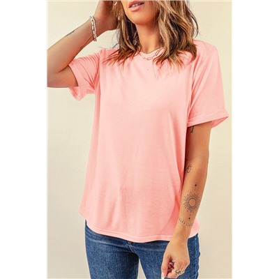 Pink Casual Plain Crew Neck Tee