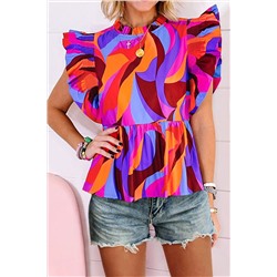 Orange Abstract Print Flutter Sleeve Peplum Blouse