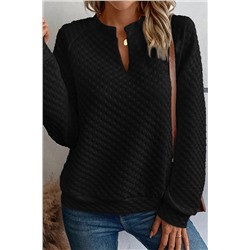 Black Split Neck Quilted Long Sleeve Top