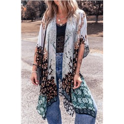 Green Boho Floral Print Irregular Hem Flowy Kimono