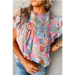 Pink Floral Ruffled Flutter Sleeve Pleated Blouse