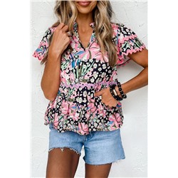 Pink Ricrac Floral Tiered Short Sleeve Blouse