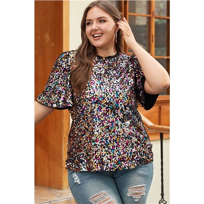 Silvery Vibrant Sequin Plus Size Short Sleeve Top