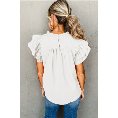 White Smocked Ruffle Sleeve Blouse