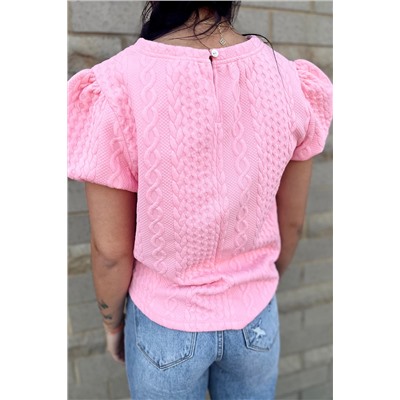 Pink Textured Puff Sleeve T Shirt